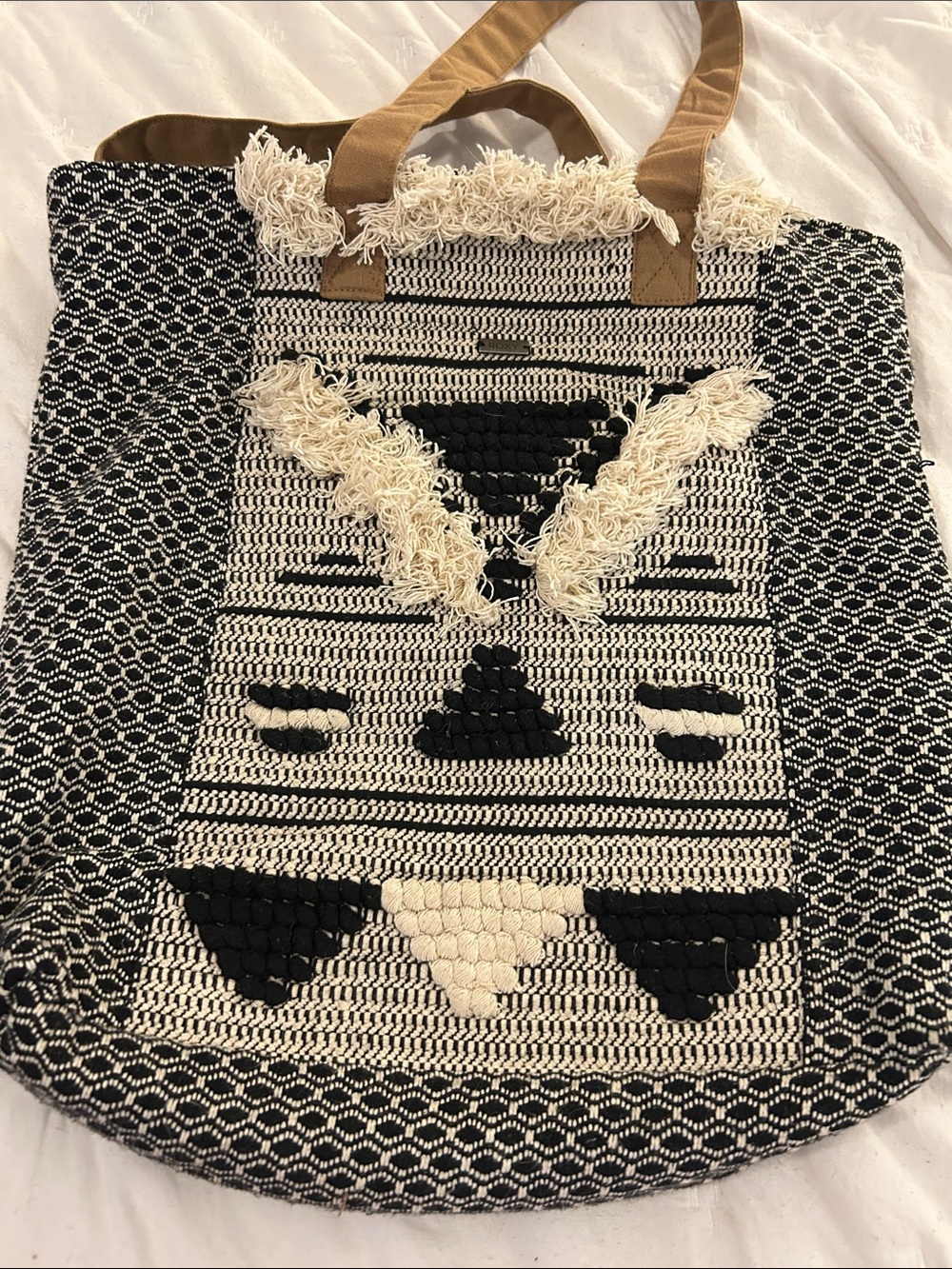 Roxy vintage Woven Black & Cream Fringe Tote Bag - Casual Women’s Shoulder Bag